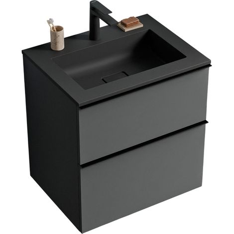 Unterschrank Bernstein LAVOA 60 cm mit Mineralguss Waschbecken BRUXELLES - Badmöbelfarbe Anthrazit matt, Griff Chrom, Waschbecken Schwarz matt mit Hahnloch