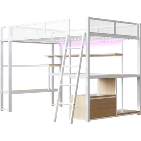 Cama alta gaming de metal 140 x 200 cm blanca con escritorio integrado y almacenaje (1/5)