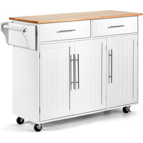 Carrello da cucina in legno con 2 cassetti e maniglia, Armadietto da cucina con ruote 122x45,5x92,5cm Bianco (1/4)