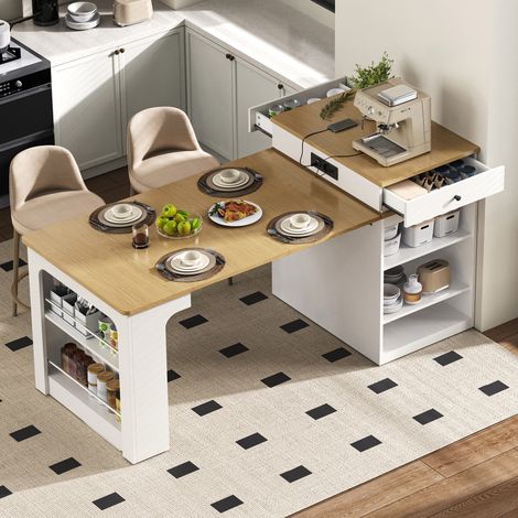 Modernluxe – Table à manger extensible 71x80x92cm – Avec prises de courant – Pour 2 à 4 personnes – MDF naturel et blanc – Idéal comme îlot central