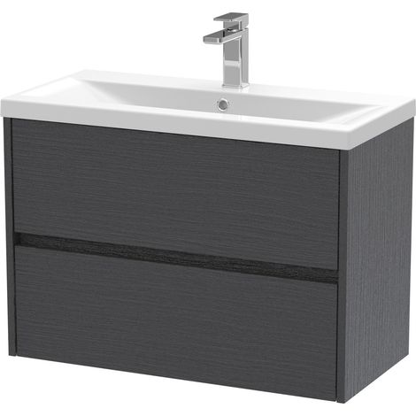Square Wall Hung 2 Drawer Vanity Unit & Ceramic Basin, 800mm - Woodgrain Graphite Grey