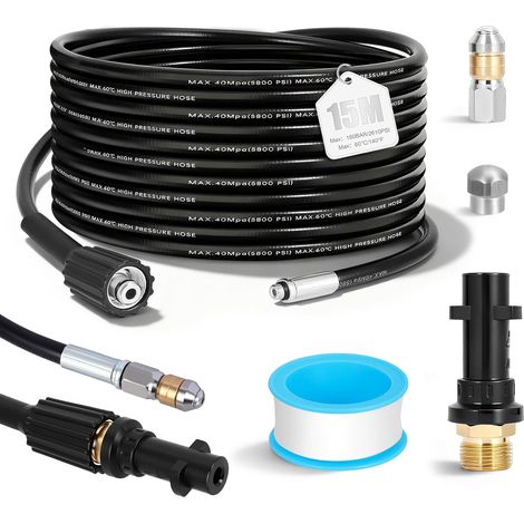 1 Tuyau Déboucheur 15m, Haute Pression 400 Bar, Buses Rotative Et Jet, Pour Karcher K2-K7 Lavor Bosch (1/5)