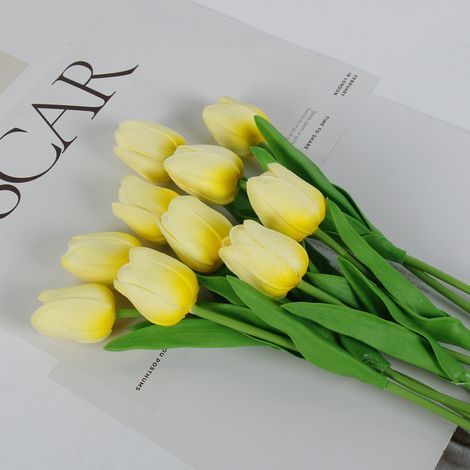20pcs Fake Light Yellow Flowers Artificial Tulip Silk Flowers 13.5" for Mother's Day Easter Valentine’s Day Gifts in Bulk Home Kitchen Wedding Decorations (1/4)