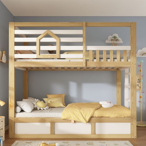 Lit superposé cottage 90x200 avec coffre hydraulique - pin massif et mdf - fenêtres décoratives - sécurité en747 - charge 150kg - blanc et chêne (1/5)