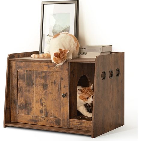 Mondeer – Bac et maison de toilette pour chat avec porte et trous de ventilation – Dimensions 76,5 x 55 x 48,5 cm – Panneau de particules marron rustique (1/6)