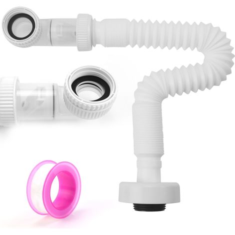 Siphon 1 1/4" - Tuyau de vidange flexible - Pour salle de bain - Réglable à 360° - Avec siphon anti-odeurs - Blanc (1/5)