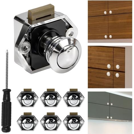 6 Verrous à Bouton-Poussoir à Visser, Serrure Bouton Poussoir Sans Clé, Loquet de Verrouillage de Porte, Verrou Armoire en Métal et Plastique, pour Van Caravane Placard Camping-Car, Argent (1/5)