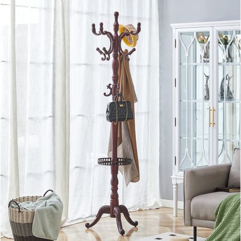 Porte-manteau sur pied en bois massif et métal noyer, 48 x 31 x 195 cm, structure multi-niveaux avec pieds antidérapants (1/5)