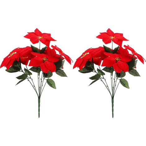 2 Fleurs Artificielles de Noël Poinsettia Rouges en Soie Plastique pour Décoration 50x10 cm
