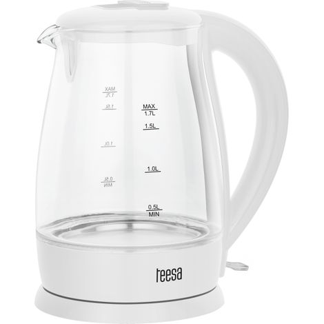 Bouilloire électrique sans fil Teesa, en verre, blanche, 2200 W, 1,7 L (1/5)