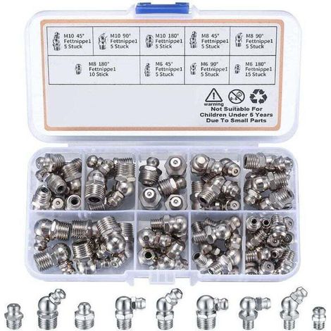 60 Pièces graisseur a Visser, Assortiment Graisseur M6 M8 M10, Droit Graisse Raccord 45° 90° 180°, avec Boîte en Plastique, pour Équipement Mécanique, Embout de Graissage Fixations (1/4)
