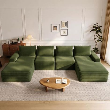 Modulares Ecksofa für 4 Personen mit Chaiselongue, Grün, Cord-Samt, bequeme Sitzfläche, modernes Design für ein elegantes Wohnzimmer