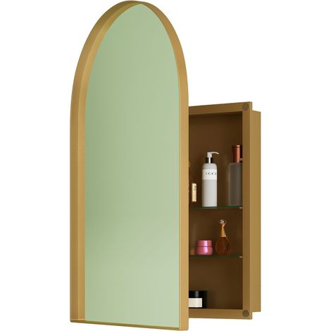 ELVMI Mobile Specchio con 2 Ripiani in Vetro e 2 Modi di Installazione per Bagno, Oro (1/5)