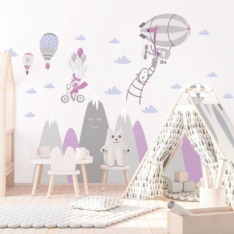Stickers enfant montagnes scandinaves animaux loufoques 40 x 60 cm (1/5)