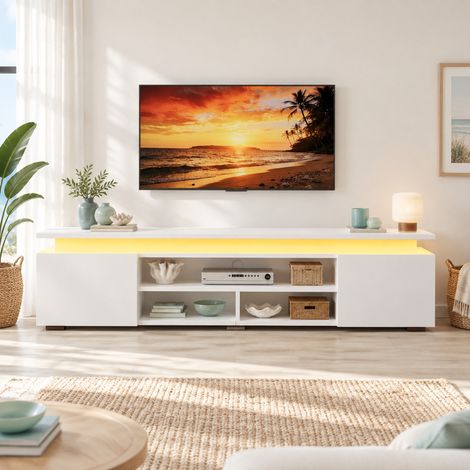 Meuble TV avec rangement 180 x 35 x 42 cm MDF blanc LED RGB pour salon moderne - CHICFURN (1/5)