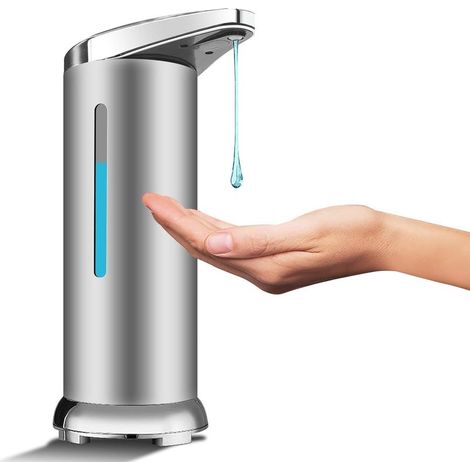 Dispensador automático de jabón de acero inoxidable, dispensador de desinfectante sin contacto con sensor infrarrojo, interruptor ajustable y base impermeable (plateado). (1/5)