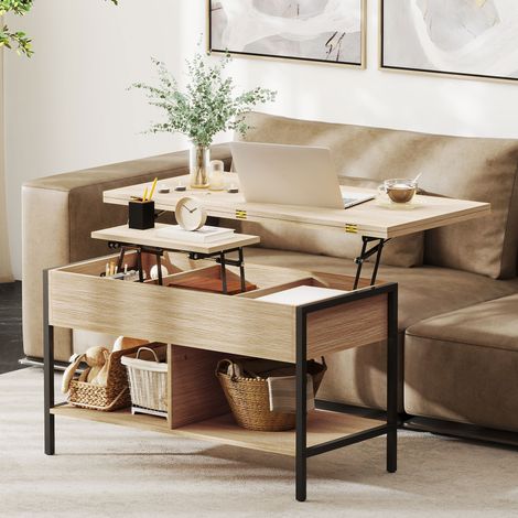 Mesa de centro elevable y extensible, mesa de salón con compartimento oculto y estantes abiertos, 98x49x55cm, madera natural. (1/5)