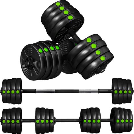 Ensemble haltères 2 en 1 barre haltères 30 kg antidérapant doux sol noir vert (1/5)