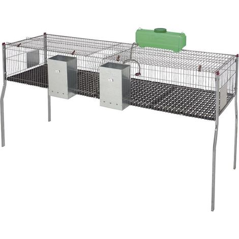 Gabbia per conigli a 2 scomparti con pavimento in plastica 200 x 62 x 99 cm dotata di tramogge e abbeveratoi