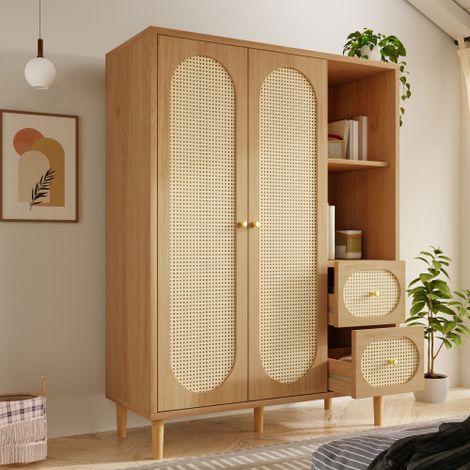 Armoire 120x44x161cm - Étagères ouvertes et tringles à vêtements - 2 portes et 2 tiroirs en rotin - couleur chêne