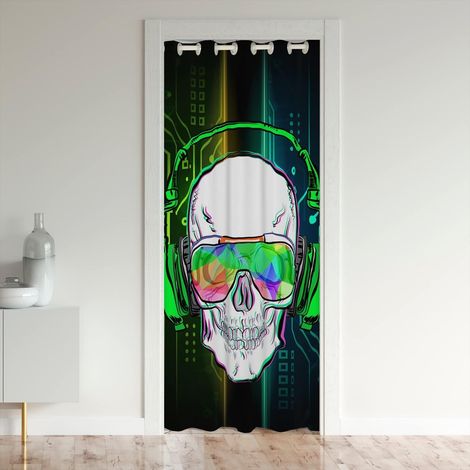 Sucre Crâne Rideau de Porte 86x203cm Headphone Décor Rideaux Interieur Salon Chambre Home Décoration Rideaux Exterieur d'entrée Musique Vert Noir Rideau Occultant - 86L X 203H cm (1 Panneaux) (1/5)