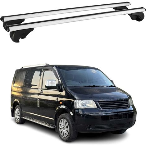 OMAC Barres de toit en aluminium compatibles avec VW T5 T6 Transporter Multivan Caravelle 2003-2024 – TÜV / DIN 75302:2019 – Antivol inclus – Charge max 75 kg – 2 barres Argent (1/4)