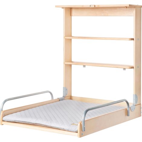 Table à Langer Murale Pliante en Bois Naturel avec Matelas de Change Hydrofuge "Style gris" - 2 Étagères Pratiques - Peu Encombrante - Supporte Jusqu'à 15 kg (1/5)