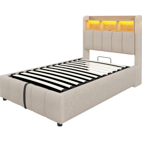 Cama tapizada 90x200 cm beige con efecto lino, LED, USB y arcón de almacenaje (1/5)