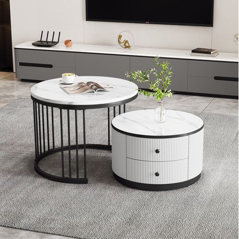 Set di 2 tavolini da salotto rotondi 60x60x45,5 cm bianco, 2 cassetti, effetto marmo, MEUBLIV (1/5)