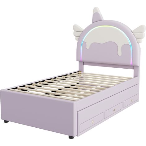 Kinderbett 90 x 200 cm in Einhornform mit ausziehbarem Trundle-Bett, PU und MDF, violett, MODENUIT (1/5)