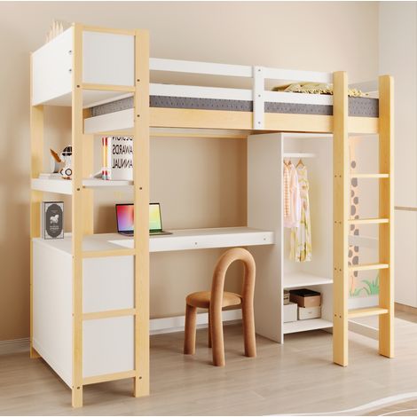 Cama infantil alta con escritorio y armario natural OKMYHOME (1/5)