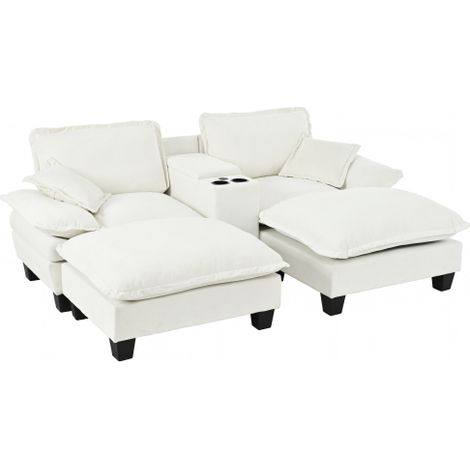 Canapé multifonction — Doté de porte-gobelets, de compartiments de rangement et de ports USB — Comprend deux poufs et deux coussins décoratifs — Revêtement en tissu chenille — Idéal pour les apparteme (1/4)