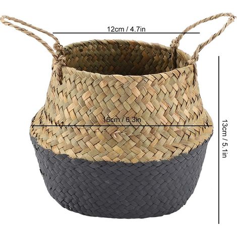 Panier en jonc de mer tressé pliable pour rangement vêtements ou plantes (Noir) (1/5)