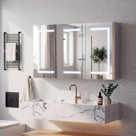 Specchiera contenitore a LED 3 ante 100x60 cm con presa e USB - Mobile specchio per bagno antiappannamento, illuminazione dimmerabile e interruttore touch