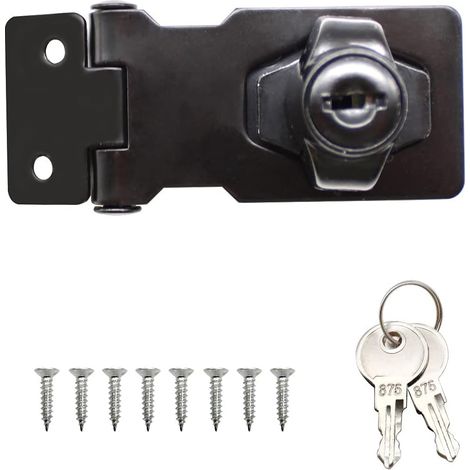 Moraillon de verrouillage en métal noir, dispositif de verrouillage de porte avec clé pour portes d'entrée, pour verrouiller les portes d'abri, armoires, boîtes, meubles (1/5)
