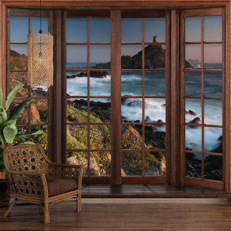 Papier peint panoramique Trompe l'oeil Fenêtre en bois - Vue Mer - 130 cm x 104 cm (1/5)