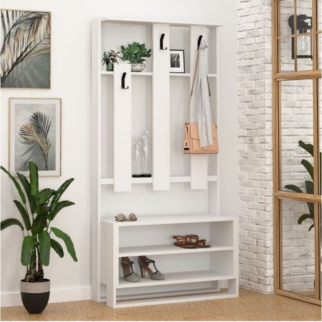 Mobiletto da Ingresso con Mensole in Legno Bianco Appendiabiti Moderno Scarpiera
