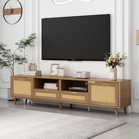 Meuble TV 200 x 37 x 49 cm chêne, 2 portes, 2 tiroirs, rotin, OKMYHOME (1/5)
