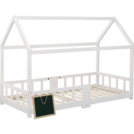 Lit cabane enfant 90 x 200 cm, lit en bois pour chambre d’enfant avec tableau, sommier à lattes et barrière de sécurité, en pin, blanc (sans matelas)