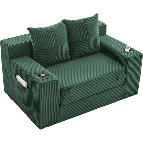 Sofá cama doble de pana verde con 2 cojines, portavasos y bolsillos laterales MODENUIT (1/5)