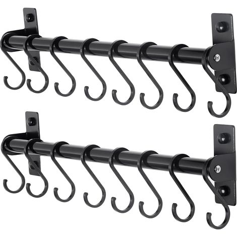 Noir, lot de 2, support à ustensiles de cuisine, support mural pour casseroles et poêles, rail de cuisine avec 8 crochets pour suspendre des ustensiles de cuisine, des tasses, des cuillères, fixé au m