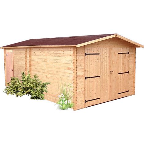 Habrita – Abri Denis double pente 21,15 m² – Douglas massif non traité – Madriers 28 mm – Toit en plaques ondulées bitumées – Garantie 5 ans