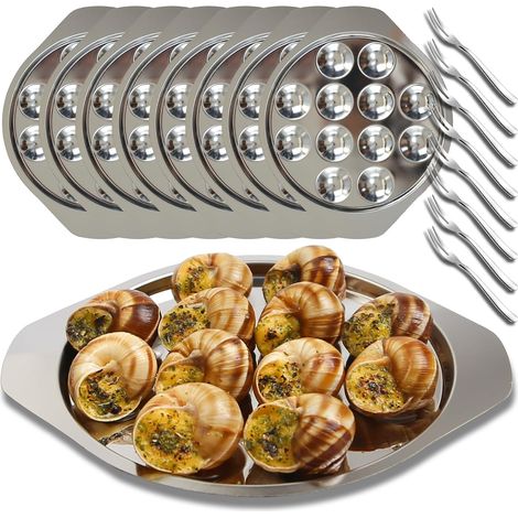 8 Pièces Assiette Escargot, Acier Inoxydable, 12 Encoches, Fourchettes Fines, Cuisson Four (1/5)