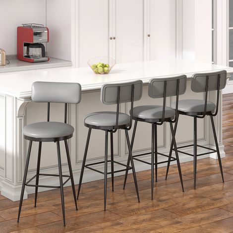 ADWOLT Tabourets de bar Lot de 4,Chaise de Cuisine Haute,assise rembourrée, PU, pieds en métal,hauteur d'assise 65 cm, Gris (1/5)