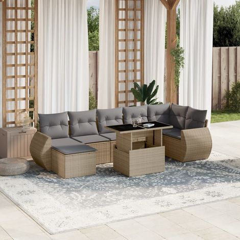 Ensemble Salon Jardin 8 Places Résine Tressée Beige avec Coussins Gris - Table Réglable Hauteur, Modulaire (1/5)