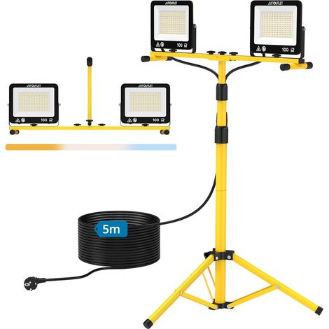 2x 100W Projecteur De Chantier LED Avec Trépied, 19000LM Lampes de Travail à LED Trépied Réglable Avec 3 Modes de Température de Couleur, Câble 5M, IP66 Étanche (1/5)