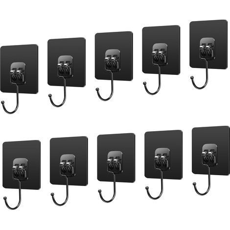 Confezione da 10 ganci adesivi neri da parete, portata massima 10 kg, ideali per appendere accappatoi e portasciugamani in bagno, soffitto, porte, cucina. (1/5)