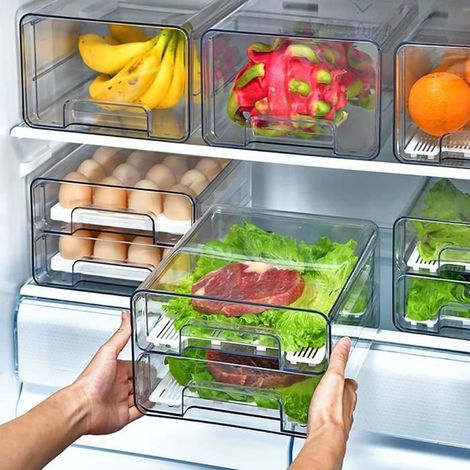 BelleRise - 3 paquet Tiroirs de réfrigérateur empilables – Organisateur frigo à double couche, plastique transparent -Avec tampon de drainage (1/5)