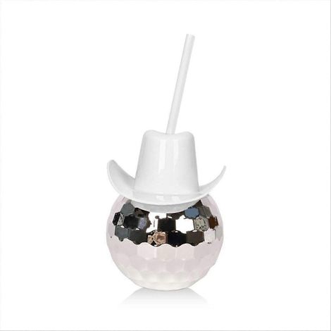 Gobelets boule disco, chapeau de cowboy, gobelet boule disco avec pailles blanches (1/5)