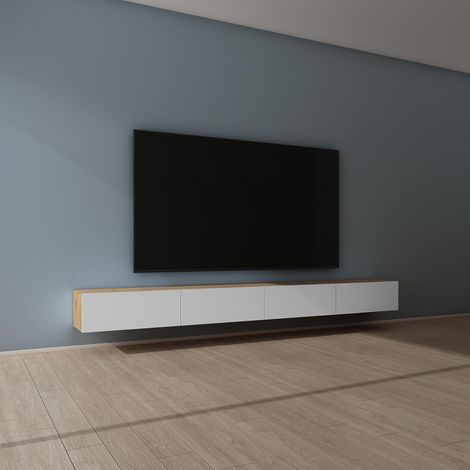 Mai & Mai Fernsehtisch Fernsehschrank TV Schrank Verdeckter Griff mit Soft-Close Lowboard Hängeschrank für Wohnzimmer in Kerneiche + Matt Weiß BTH: 320x40,2x30 cm Fernsehschrank02